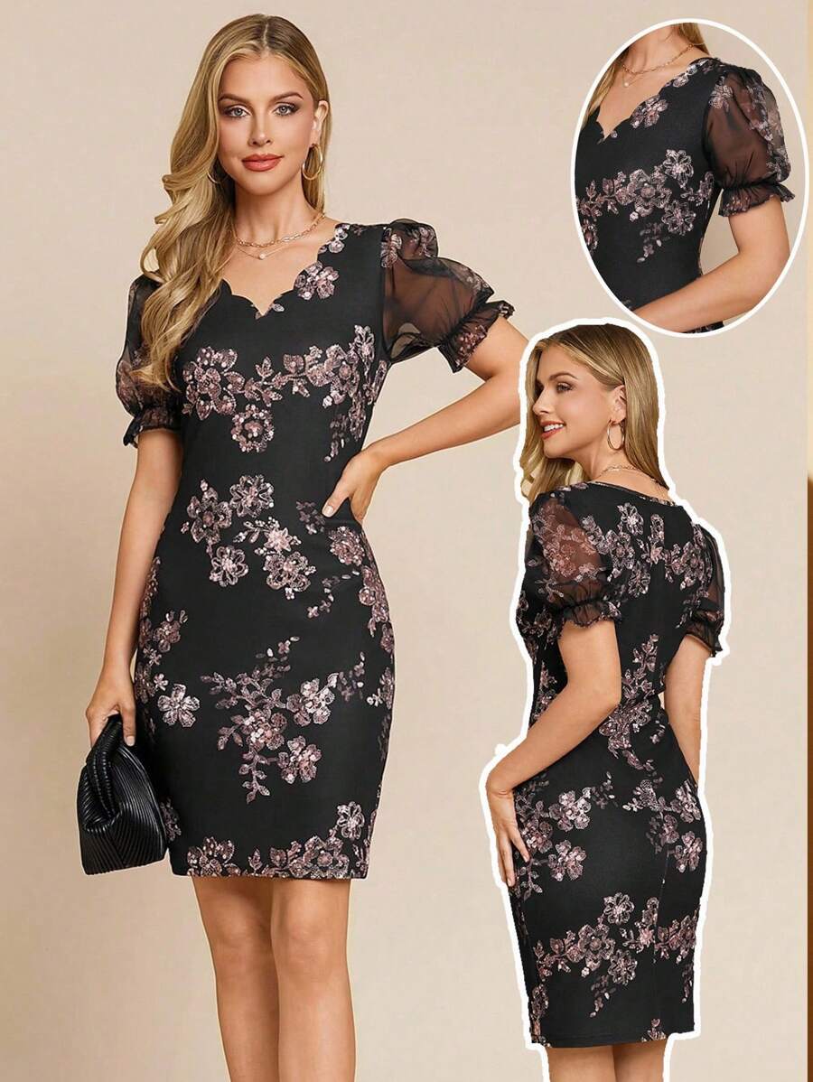 Amorya 女士优雅花卉印花贝壳领亮片拼接短袖紧身迷你连衣裙