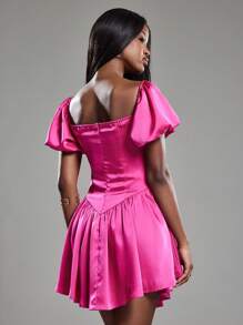 NYA SZN Dress Off The Shoulder Puff Sleeve Satin Bright Pink Mini Bridal Bridesmaid Special Occasion Sundresses Summer Spring Statement Valentines Day Carnival Outfits For Women