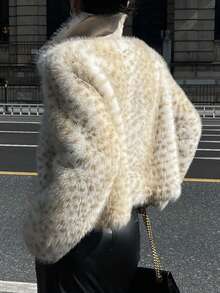 DAZY 女士宽松休闲人造毛皮夹克，豹纹街头风格优雅人造毛皮大衣冬季 - 米色 - 查看 10