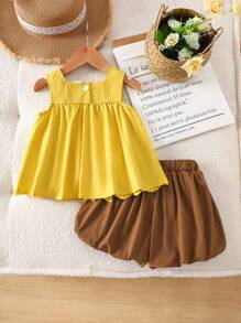 SHEIN 2-Piece Baby Girl Fashion Casual Embroidered Lace Sleeveless Top And Shorts Set Suitable For Spring And Summer, Daily Wear