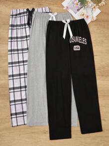 Conjunto de 3 piezas de pantalones de pijama con estampado de letras, cuadros y unicolor para mujer, ropa de otoño e invierno - Multicolor - Ver 4