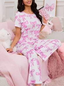 SHEIN Conjunto de pijama para mujer con estampado de lazo dulce - Blanco - Ver 4