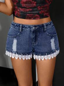 Jeanoix Women's Y2K Casual Lace Trim Distressed Denim Shorts, Summer