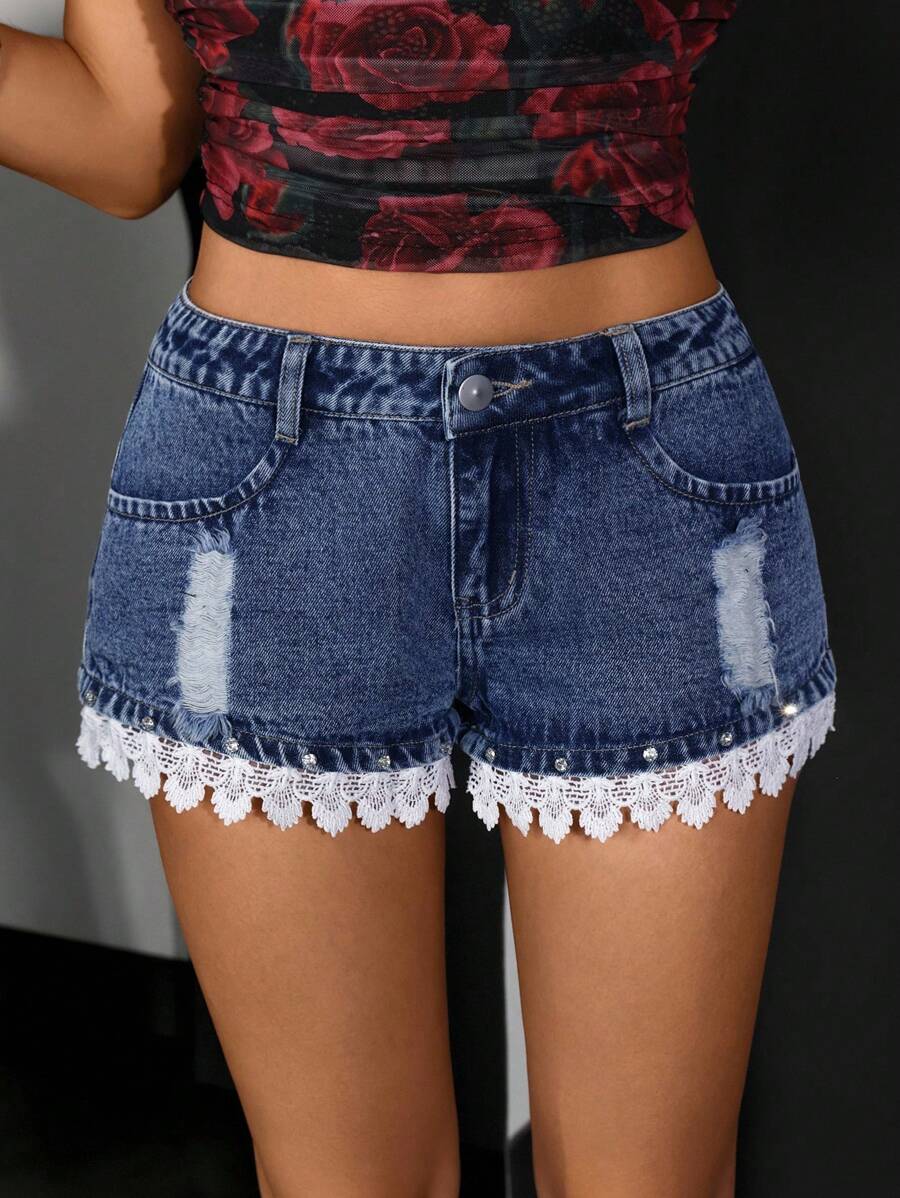 Jeanoix Women's Y2K Casual Lace Trim Distressed Denim Shorts, Summer