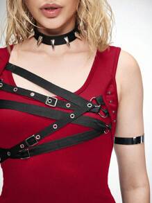 ROMWE Grunge Punk Asymmetric Hem Black Punk Functional Knit Top For Women - Burgundy - View 6