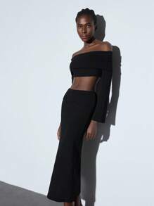 Maija Women's Black Solid Off Shoulder Long Sleeve Bell Cuff Cropped Top & High Waist Slim Fit Elastic Waist Versatile Skirt 2 Pieces Set, Suitable For Early Spring, Daily, Party, Holiday - Black - View 2