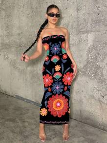 SHEIN SXY Vestido ajustado bohemio y casual con estampado floral para mujer, adecuado para vacaciones de verano