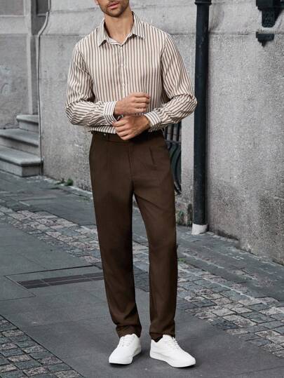 Manfinity Bizformal 男士条纹单排扣休闲/商务长袖衬衫