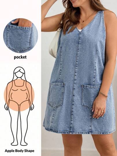 EMERY ROSE Mature Denim New Plus Size Denim Dress Sleeveless Loose Pocket Denim Dress Can Be Worn Alone With Long Sleeves Autumn Clothing Light Blue Denim Dress Back To School Vacation Outfits Woman Beach Outfits For Woman