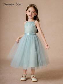 Glamorique Kids 4 件套女童无袖薄纱蓬松公主裙，花童婚礼派对生日伴娘礼服 - 薄荷綠 - 查看 4