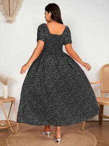 SHEIN Clasi 大码女式优雅浪漫碎花蝴蝶结领高开衩泡泡袖时尚连衣裙，春夏 - 黑與白 - 查看 3