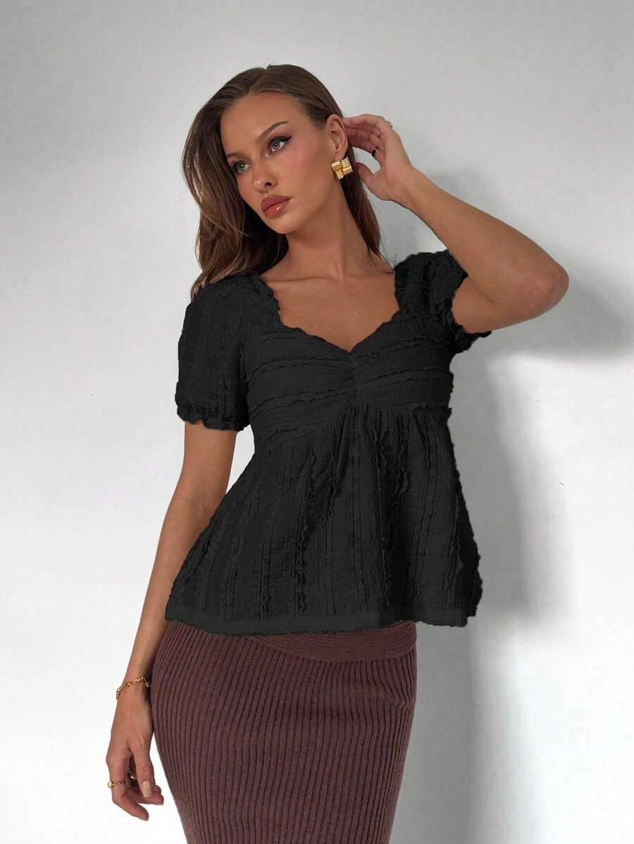 Breezaya Summer Casual Solid Color Textured Fabric Short Sleeve T-Shirt, Babydoll Top - Black - View 1