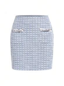 Ellevyn 女士优雅长袖夹克和口袋裙套装，串珠装饰，高工艺设计，百搭装秋季女装外出装婚礼宾客礼服生日装 - 藍色 - 查看 4