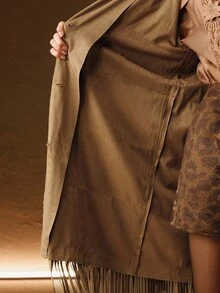 Anewsta 女式纯色翻领长袖流苏设计时尚夹克 - 駝色 - 查看 8