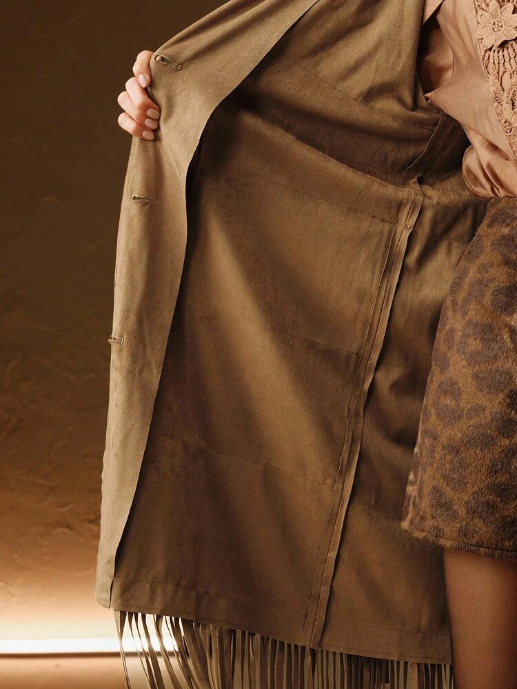 レディース 無地 襟付き 長袖 フリンジデザイン ファッションジャケット