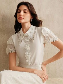 Anewsta Elaire Elegant Fashion Water-Soluble Lace Patchwork 3D Floral Embellished Blouse, Summer - Apricot - View 7