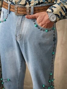 RivetRise Quần jeans ống loe túi đính ngọc trai giả cho nam - Rửa nhẹ - Xem 3