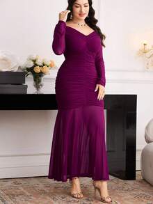 Modelyn Plus Size Elegant Solid Color Off Shoulder Fishtail Dress