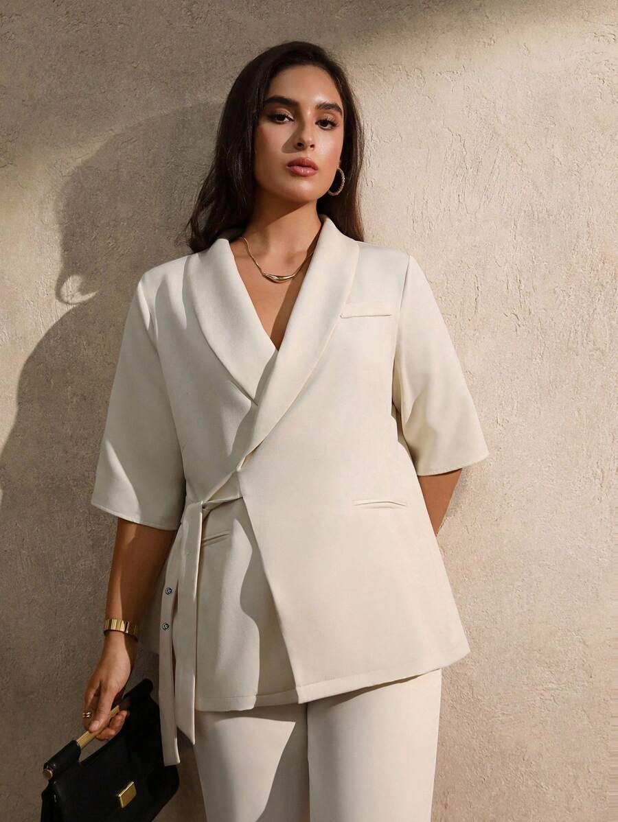 Juhart Plus Size Women Elegant Simple Tie-Up Apricot Thin Blazer