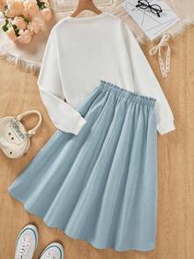 Sparklyn 少女图案卫衣和松紧腰纽扣裙套装 - 藍色 - 查看 2