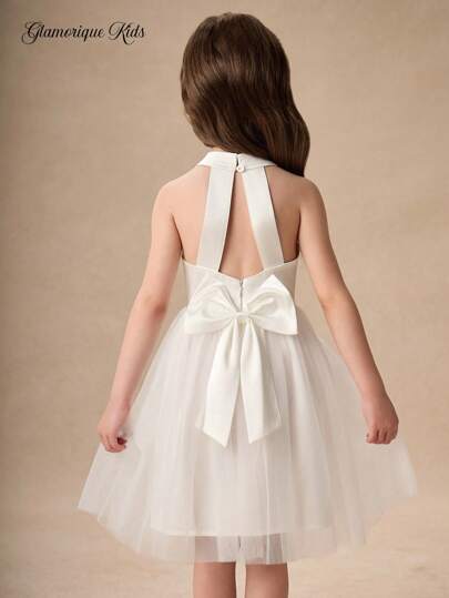 Glamorique Kids Young Girl Taffeta Halter Backless Big Bow Design Flounce Hem Elegant Formal Dress, Suitable For Party, Wedding Ceremony, Spring/Summer Girls White Tulle Dress Girls Ivory Dress Girls Party Dress Girls Bow Dress Girls Open Back Dress Fall Winter