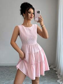 Elenzga Women's Solid Color Bowknot Decor Round Neck Sleeveless Fashion Dress - Pink - View 5