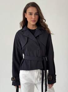 Aloruh Damen Einfarbiger Kragen Raglan Ärmel Doppelreiher Lässig Trenchcoat für Herbst/Winter