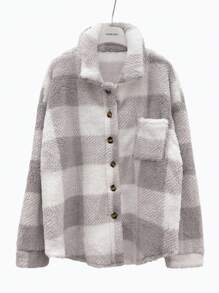 INAWLY Women Casual Plaid Fuzzy Button Front Jacket For Daily Wear In Autumn/Winter Fall Cloth For Women - Light Grey - View 7