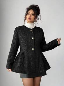 Elenzga 大码女式圆领长袖荷叶边下摆腰带优雅夹克 - 黑色 - 查看 6