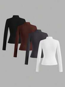 SHEIN Essnce 4 件套女士休闲简约高领修身 T 恤套头衫，秋冬