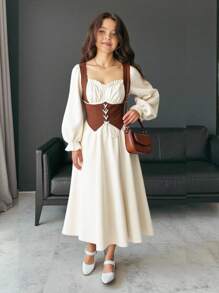 SHEIN Tween-Mädchen Nova Glow Midikleid mit kontrastfarbenem Blockdesign, Taille, Plissee-Brust, verstellbarem Riemen vorne, Rüschen, langen Ärmeln und quadratischem Ausschnitt, geeignet für zu Hause und draußen, für Herbst und Winter, Boho-Stil