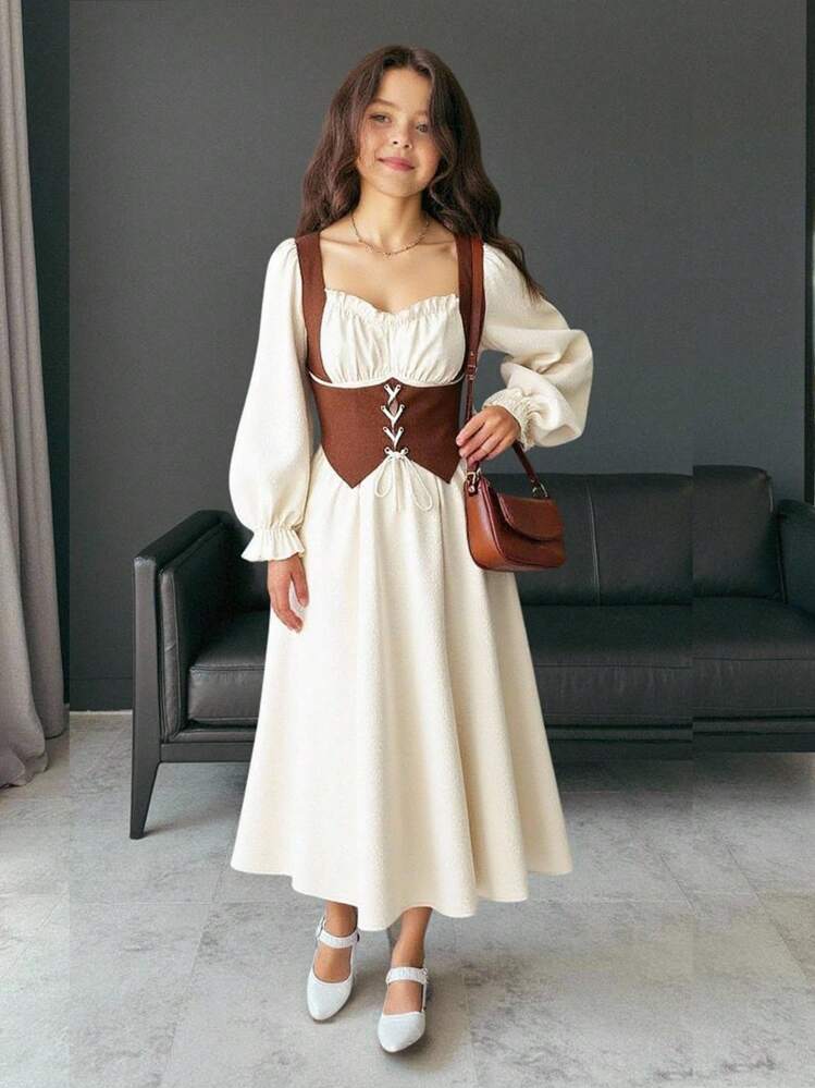 Firerie Kids Firerie Kids ชุดมิดีดสไตล์โบฮีเมียน แขนยาวคอสแควร์ สำหรับสาวรุ่นใสม้วนพับที่เอว ใส่ได้ทั้งที่บ้านและกลางแจ้งสำหรับฤดูใบไม้ร่วงและฤดูหนาว มีสายปรับขนาดได้ - สีแอปริคอท - ดู 7