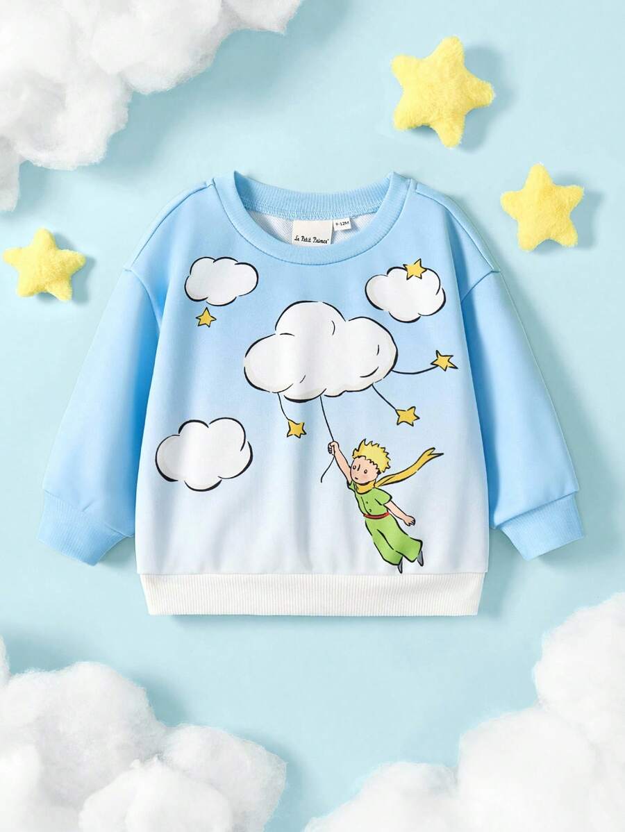 LE PETIT PRINCE X SHEIN Baby Boy Gradient Sky Cloud Cute Print Loose Drop Shoulder Sweatshirt, Spring/Autumn Fall Winter - Blue - View 1