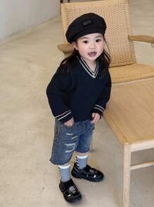 DAZY Áo len dài tay cổ chữ V phối màu cho bé gái, thích hợp mặc mùa thu đông. - Màu xanh lam - Xem 8