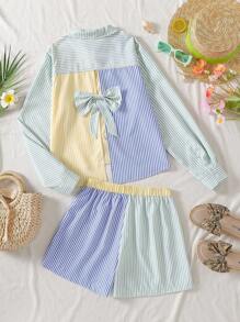 2 件套青少年女孩领撞色蝴蝶结衬衫和撞色短裤 - 彩色 - 查看 2