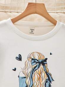 Sparklyn 少女图案卫衣和松紧腰纽扣裙套装 - 藍色 - 查看 4