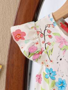 女童优雅印花圆领荷叶袖露背蝴蝶结装饰腰部荷叶边下摆休闲时尚连衣裙，适合度假旅行，夏季女童蝴蝶结连衣裙 - 紅色 - 查看 5