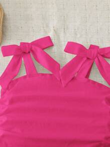 年轻女孩优雅纯色修身甜美蝴蝶结系带肩侧褶吊带背心，妈妈和女儿及姐妹搭配 - 玫紅色 - 查看 5