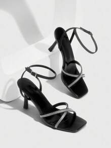 CUCCOO SZL Giày cao gót da PU màu đen cho nữ đính đá Rhinestone màu bạc, khóa cài, mũi vuông, thanh lịch, lãng mạn, thời trang, gợi cảm cho mùa hè - màu đen - Xem 2