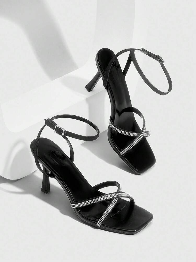 CUCCOO SZL Women's Black PU Leather Sandals With Silver Rhinestone Strap Decor, Strap Buckle Closure, Square Toe, Elegant, Romantic, Fashionable, Sexy High Heels For Summer