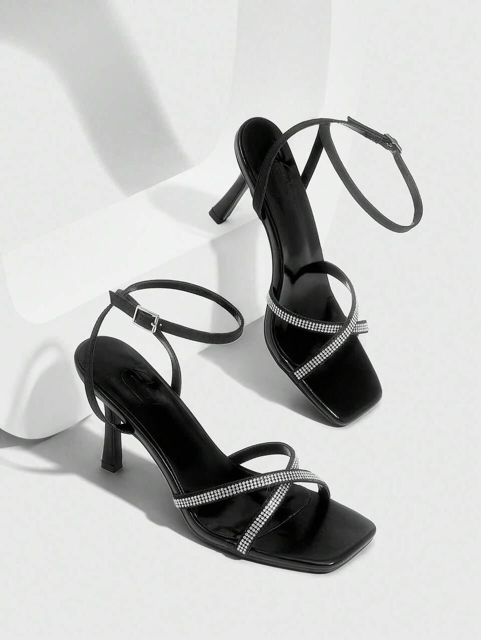 CUCCOO SZL Women's Black PU Leather Sandals With Silver Rhinestone Strap Decor, Strap Buckle Closure, Square Toe, Elegant, Romantic, Fashionable, Sexy High Heels For Summer