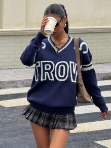 Pulover cu mânecă lungă, tricotat jacquard, cu decolteu în V, albastru și alb, contrastant, pentru fete adolescente, primăvară, toamnă și iarnă, sezonul de la școală - Albastru si alb - Vizualizare 5