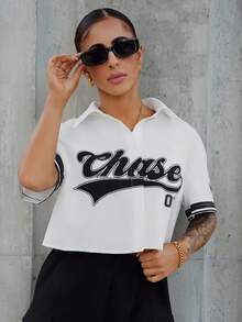 SAYEHFBABY Áo sơ mi croptop họa tiết thể thao đường phố dành cho nữ - trắng - Xem 1