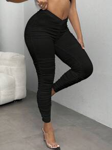 SHEIN SXY Quần dài thường ngày xếp ly màu trơn cỡ lớn dành cho nữ, mặc hàng ngày - màu đen - Xem 7