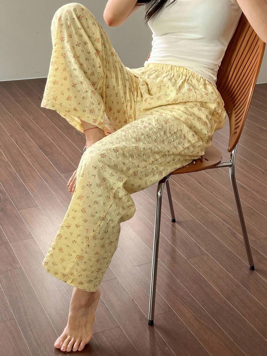 DAZY Pantaloni de pijama drăguți cu imprimeu floral și talie elastică, cu picior drept, pentru femei, toamnă