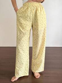 DAZY Pantaloni de pijama drăguți cu imprimeu floral și talie elastică, cu picior drept, pentru femei, toamnă