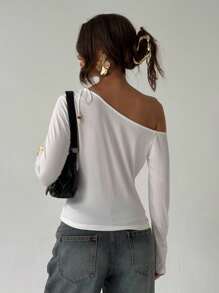 Aloruh Damen Einfarbig Schräge Schulter Langarm Lockerer Halsausschnitt Design Mode T-Shirt Sommer Sommeroutfits Sommerkleidung Strandoutfits für Frauen Strandurlaub Urlaubsoutfits Frau Boho Tropischer Urlaub Frau Kleidung