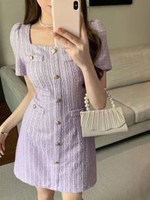 DAZY Đầm mini cổ vuông màu trơn thanh lịch có nút trang trí họa tiết dành cho nữ, mùa hè - Màu tím hoa cà - Xem 3