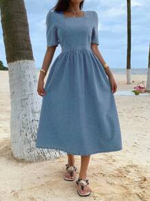 DAZY Western Style Square Neck Puff Sleeve Ruched Denim Dress For Women, Summer Sundress Vacation Outfits Women - Light Wash - View 4