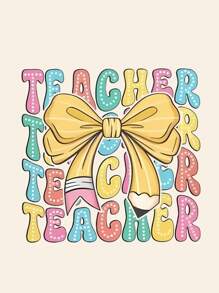 EMERY ROSE Plus Size Summer Casual Bow & Teacher Letter Print T-Shirt - Apricot - View 3